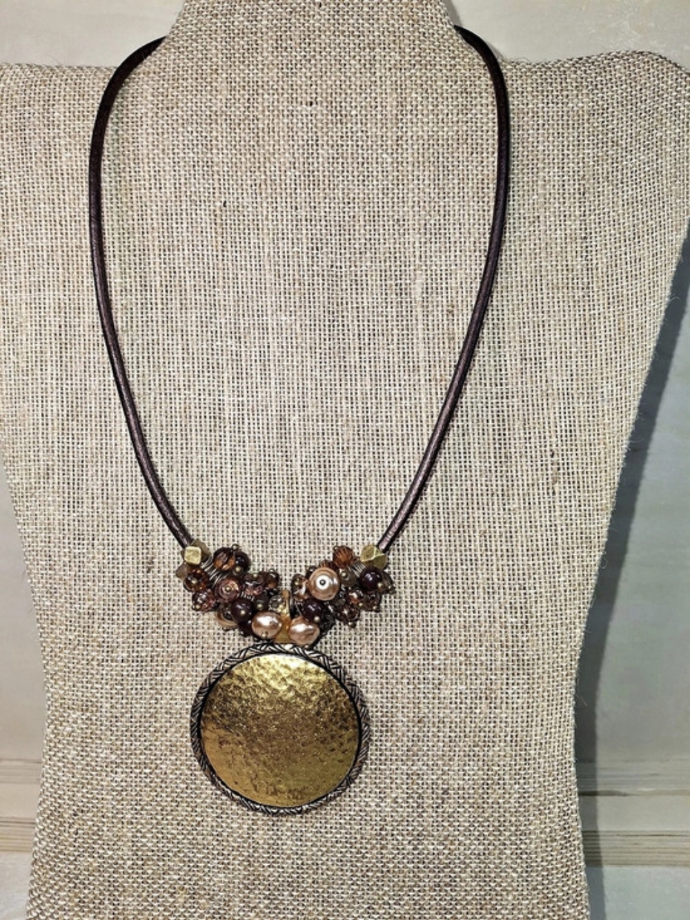 Retired Premier Designs Beaded Statement Pendant Necklace in Brown & Gold